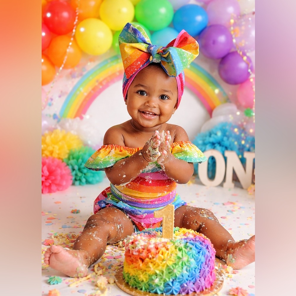 Colorful Rainbow Baby Outfit romper with Bow Wrap and Sash custom made